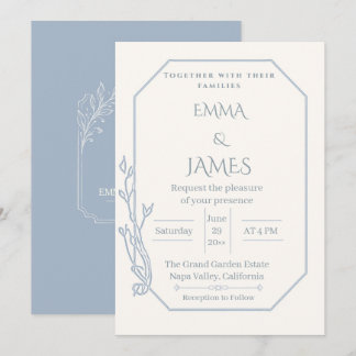 Invitación de boda botánica con arco azul polvorie