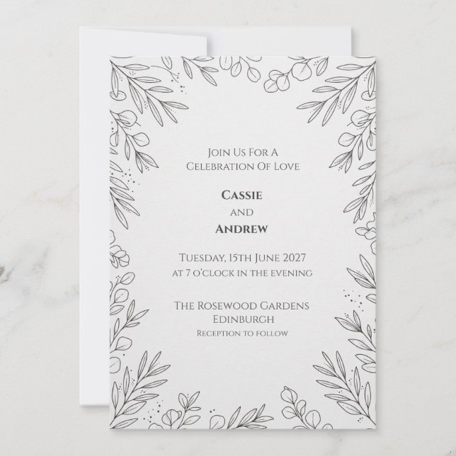 Invitación de boda botánica con arte de línea blan (Anverso)