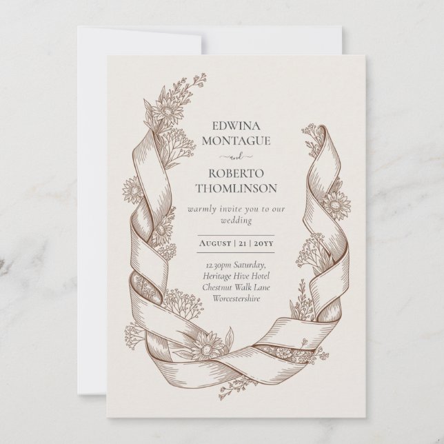 Invitación de Boda Botánica con Cinta Rústica de G (Anverso)