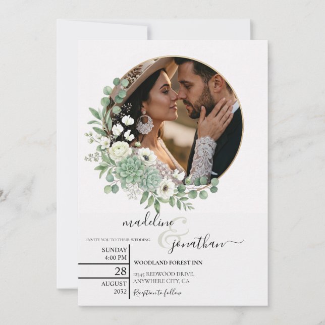 Invitación de Boda Botánica con Foto Dorada (Anverso)