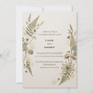 Invitación de boda botánica con helecho beige