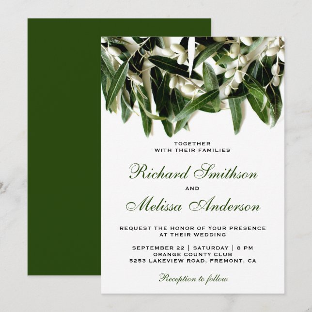 Invitación de boda botánica con hojas de rama de o (Anverso / Reverso)