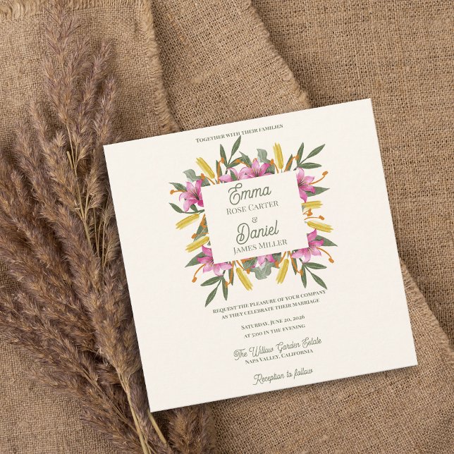 Invitación de Boda Botánica con Lirio Rosa de Toqu (Blush Pink Lily Botanical Wedding Invitation | Romantic Watercolor Floral Garden Wedding Invitation)