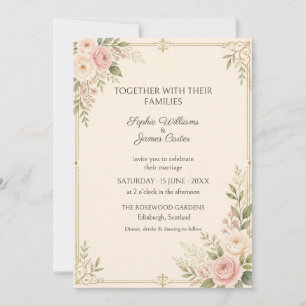 Invitación de boda botánica con rosa dorada y tono