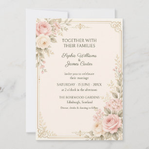 Invitación de boda botánica con rosa dorada y tono