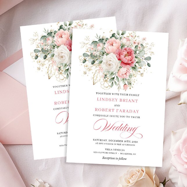 Invitación de boda botánica con rubor artístico en (Artful Blush Rose Gold Botanical Wedding Invite)