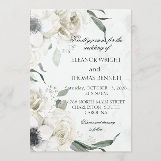 Invitación de Boda Botánica con Verde Floral Blanc (Anverso)
