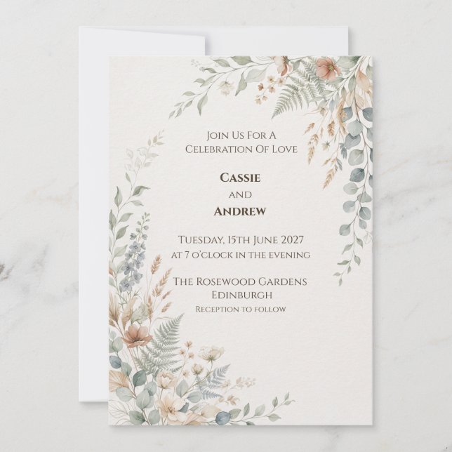 Invitación de boda botánica Coral Azul (Anverso)