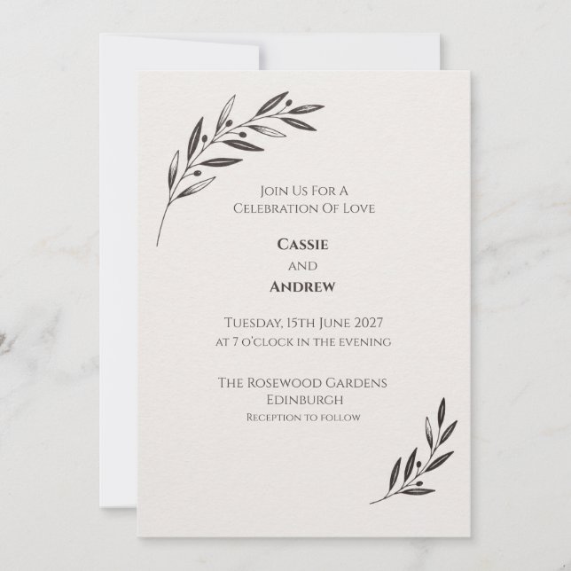 Invitación de boda botánica de aceituna negra (Anverso)