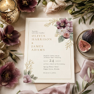 Invitación de boda botánica de ciruela y olivo