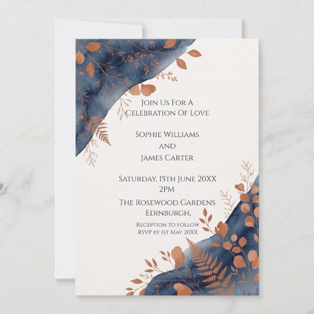 Invitación de boda botánica de cobre naval (Anverso)