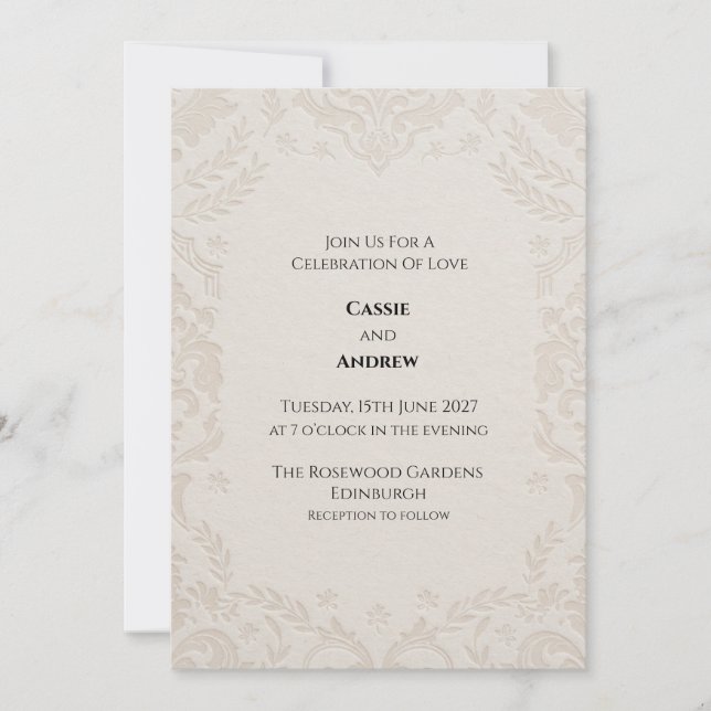 Invitación de boda botánica de encaje marfil (Anverso)