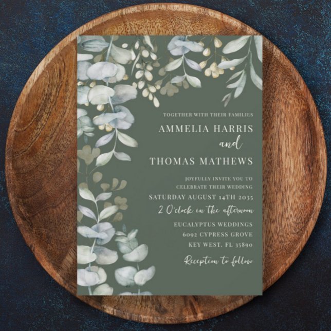Invitación de boda botánica de eucalipto verde osc (Subido por el creador)