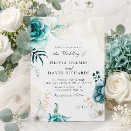 Invitación de boda botánica de flor silvestre teal