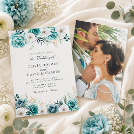Invitación de boda botánica de foto floral azul ve