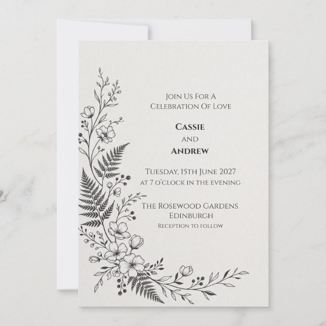 Invitación de boda botánica de helecho monocromo (Anverso)