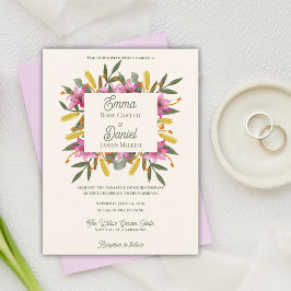 Invitación de boda botánica de lirio rosa sonrojad