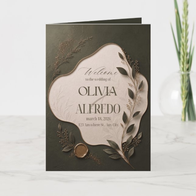 Invitación de boda botánica de lujo | Verde elegan (Anverso)