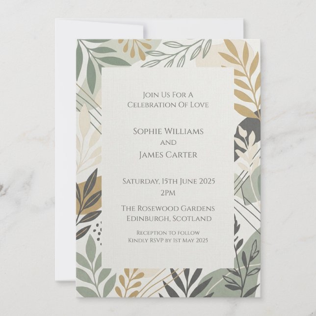 Invitación de boda botánica de mostaza salvia (Anverso)