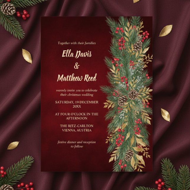 Invitación de boda botánica de Navidad de terciope (Red Velvet Christmas Botanical Wedding Invitation)