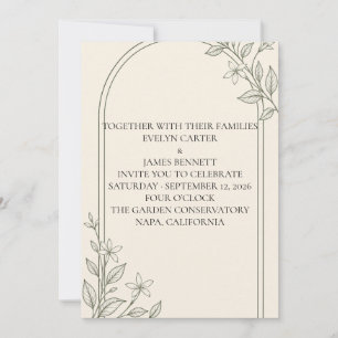Invitación de boda botánica de olivo con arco de l