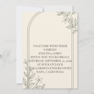 Invitación de boda botánica de olivo de letra gran