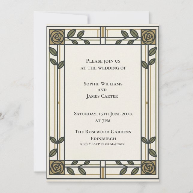Invitación de boda botánica de oro de oliva (Anverso)