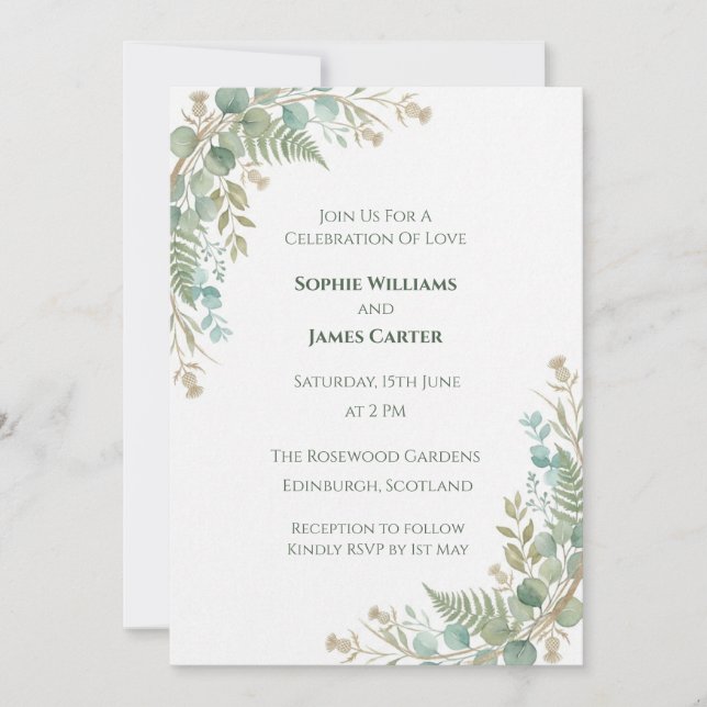 Invitación de boda botánica de oro pálido (Anverso)
