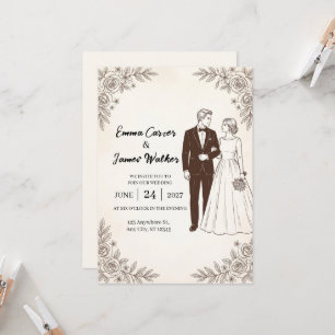 Invitación de boda botánica de pareja con arte de
