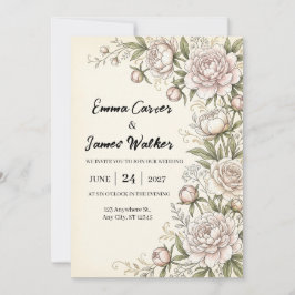 Invitación de boda botánica de peonía sonrosada