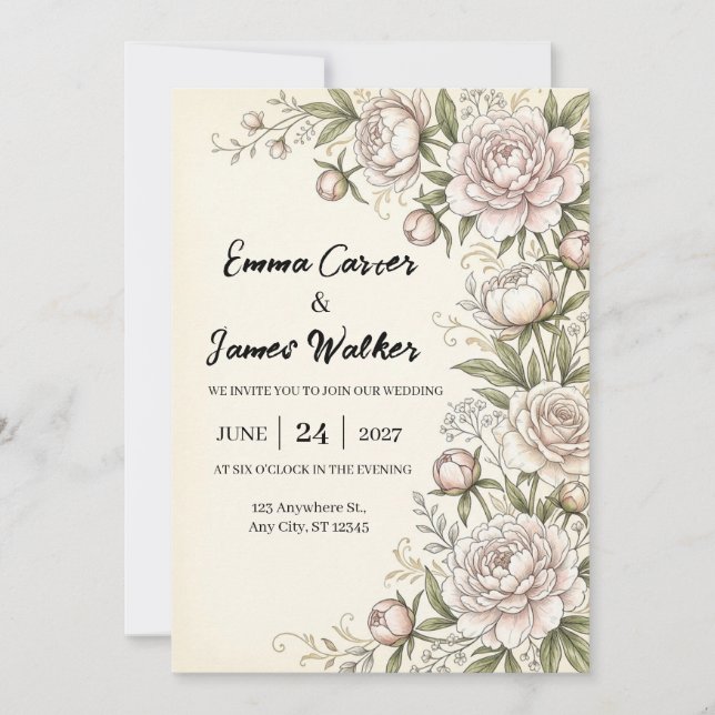 Invitación de boda botánica de peonía sonrosada (Anverso)