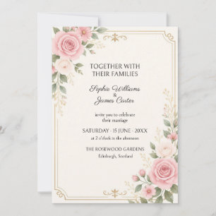 Invitación de boda botánica de rosa dorada y rosa