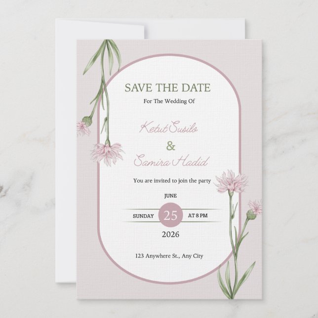 Invitación de boda botánica de rosa suave (Anverso)
