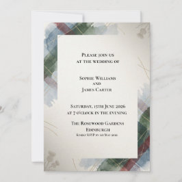 Invitación de boda botánica de tartán azul