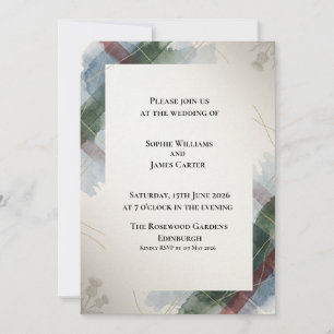 Invitación de boda botánica de tartán azul