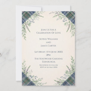 Invitación de boda botánica de tartán azul