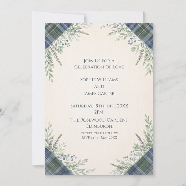 Invitación de boda botánica de tartán azul (Anverso)