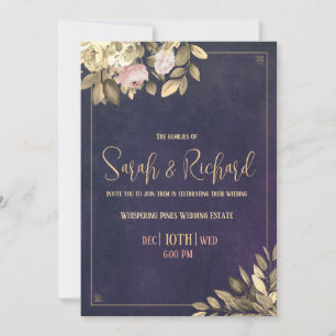 Invitación de boda botánica de terciopelo azul clá