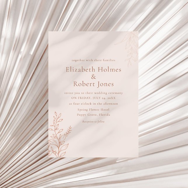 Invitación de Boda Botánica de Terracota Minimalis (Minimal Terracotta Botanical Wedding Invitation on a neutral dry palm leaf.)