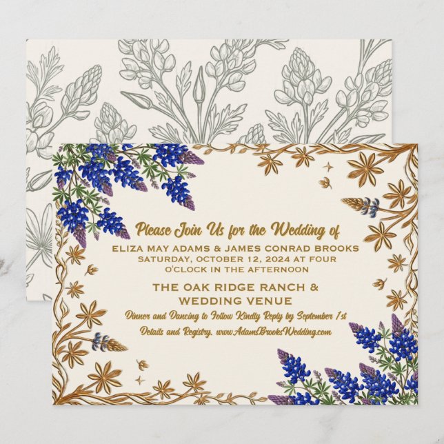 Invitación de boda botánica de Texas Bluebonnet (Anverso / Reverso)