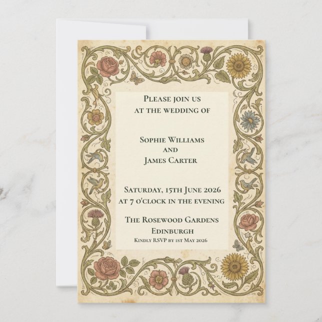 Invitación de boda botánica de William Morris (Anverso)