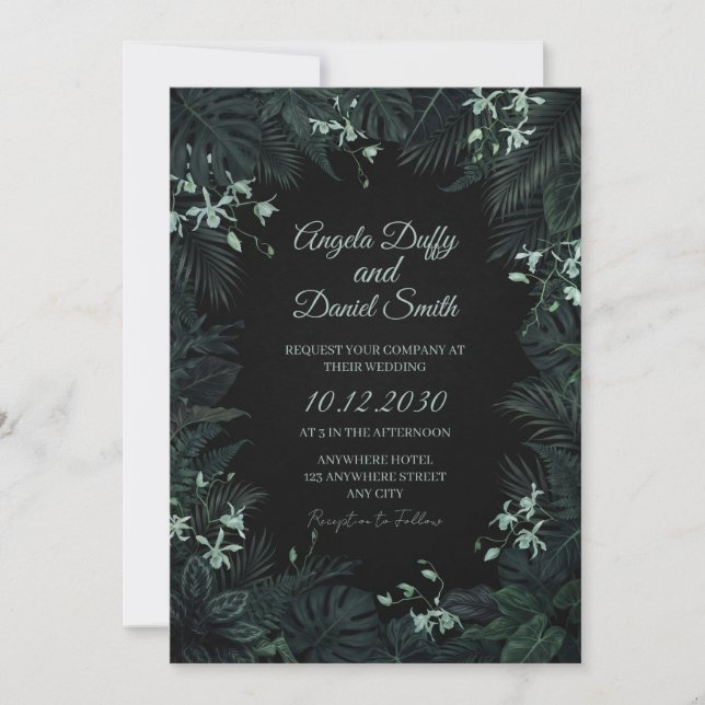 Invitación de boda botánica del bosque oscuro (Anverso)