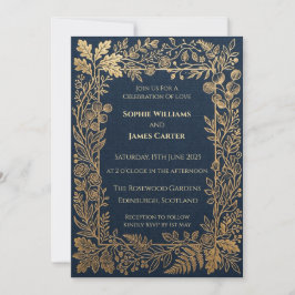 Invitación de boda botánica dorada azul marino