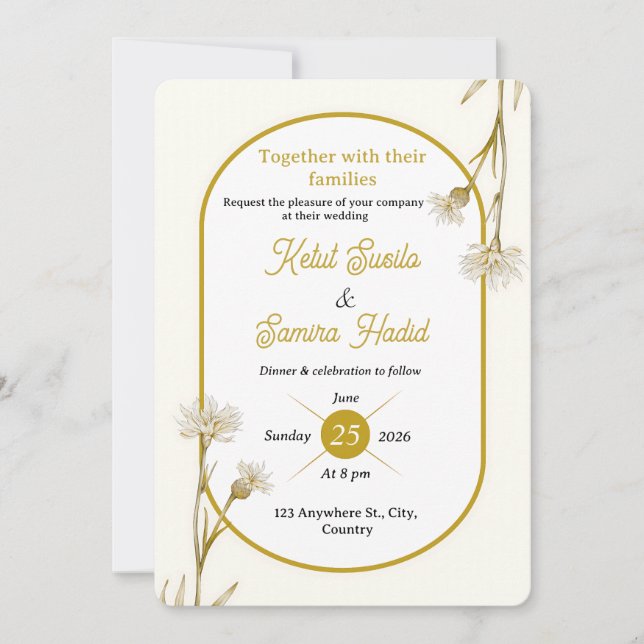 Invitación de boda botánica dorada minimalista (Anverso)