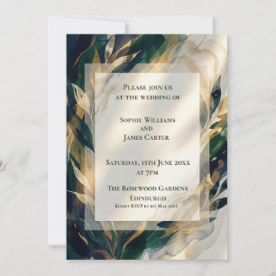 Invitación de boda botánica dorada naval