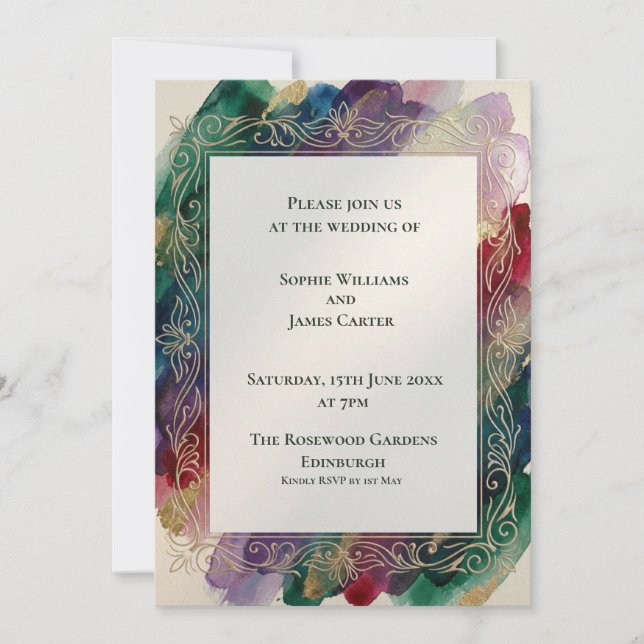 Invitación de boda botánica dorada y turquesa (Anverso)