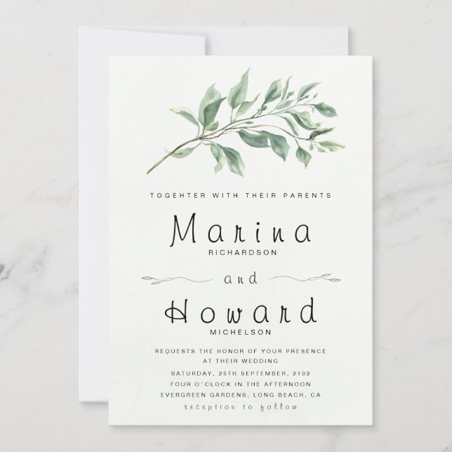 Invitación de boda botánica editable en verde salv (Anverso)