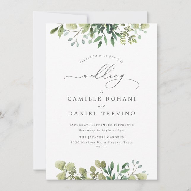 Invitación de boda botánica Elegant Greenery (Anverso)