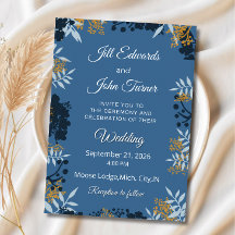 Invitación de boda botánica elegante azul