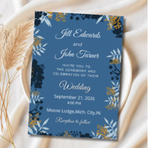 Invitación de boda botánica elegante azul